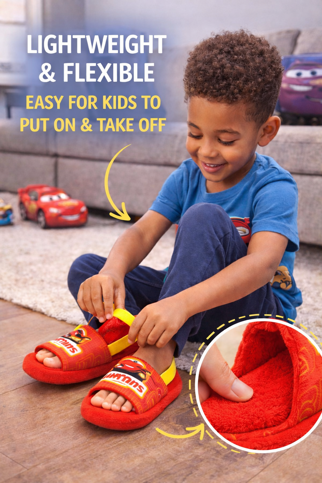 Boy putting on Cars slippers