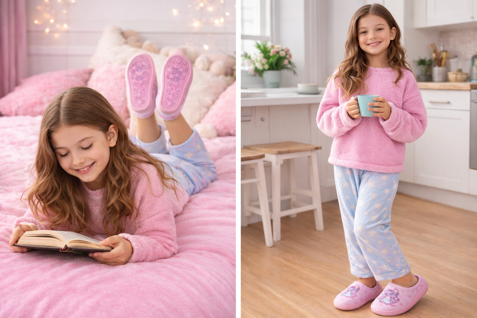 Girls wearing Stitch slippers at home