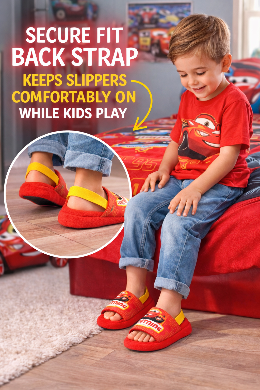 Boy in Cars slippers bedroom